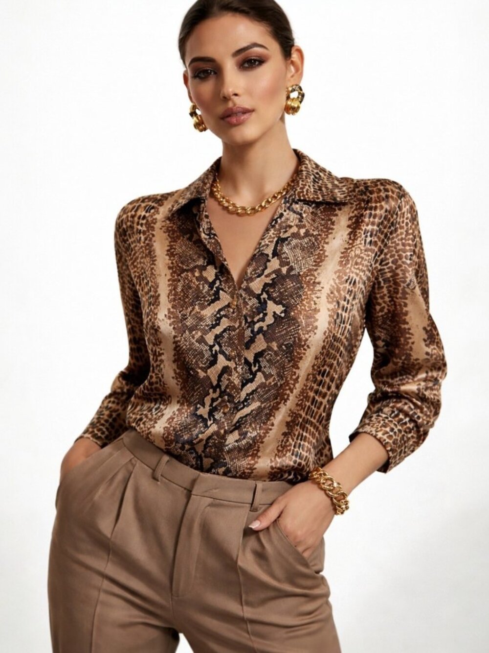 Allison Taylor Petite 100% Silk Blouse Animal Print Python Leopard PM